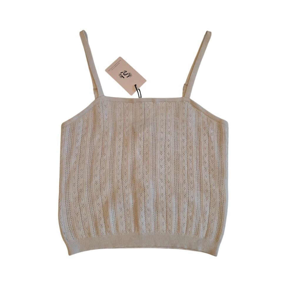 NWT Sincerely Jules Knit‎ Cami Tank Top Medium Cream Pointelle Crochet Strap